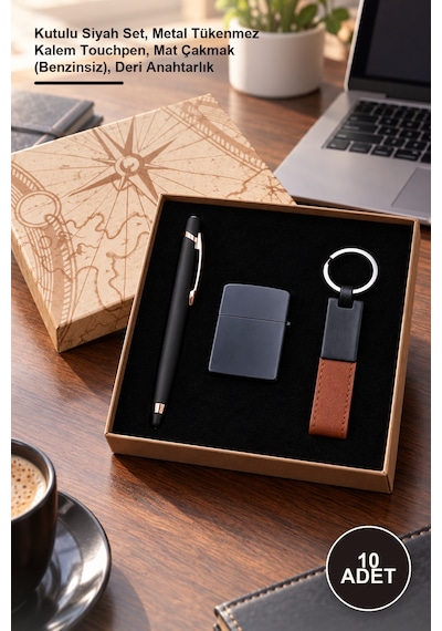 10 Adet Anahtarlık Çakmak Ve Touchpen Rubber Kalem Kutulu Siyah Set, Metal Tükenmez Kalem Touchpen, Mat Çakmak Benzinsiz , Deri Anahtarlık 1