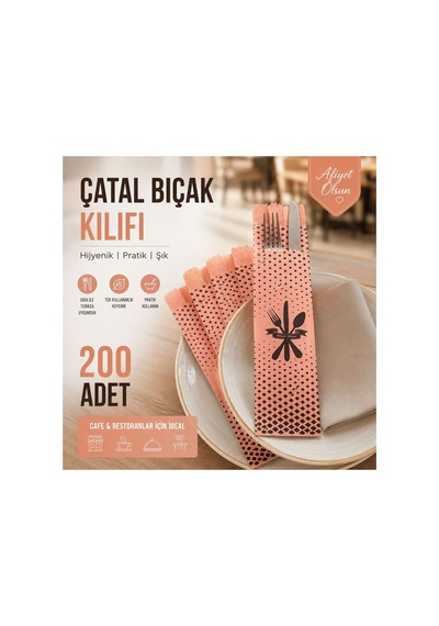 Somon Renk Baskılı Çatal Bıçak Kılıfı 8x4x25 Cm Afiyet Olsun Tek Kullanımlık Restoran Cafe Kılıfı 200 Adet
