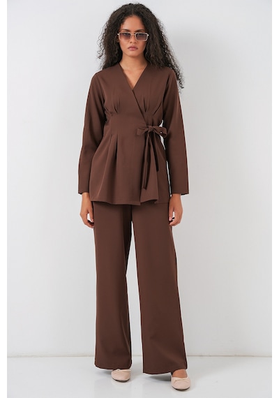 Bigdart Kadın Kimono Pantolon Kumaş Takım 30054 - Kahverengi