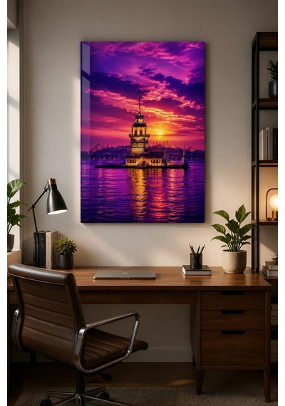 Kız Kulesi Gün Batımı Baskılı Cam Tablo İstanbul Manzaralı Uv Baskı Duvar Tablosu
