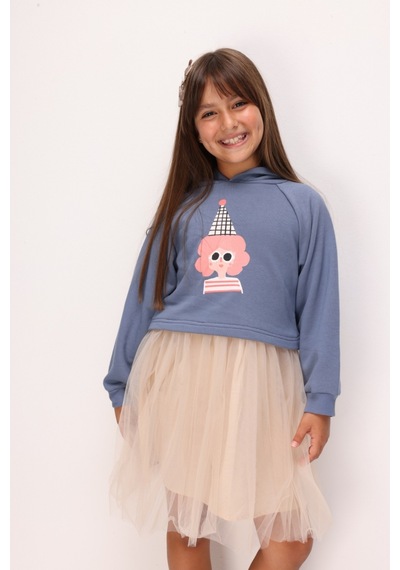 Le Mabelle İndigo Baskılı Kız Çocuk Kapüşonlu Sweatshirt Ve Elbise Takım - Fawn İndigo