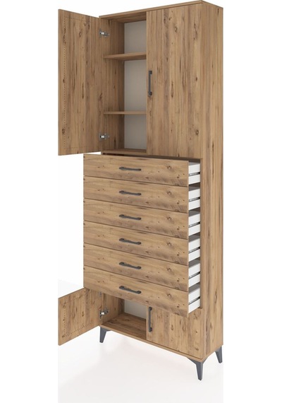 Arges Dolap 3 Raflı 6 Çekmeceli 4 Kapaklı 88x30x243 Çam-çam Çam