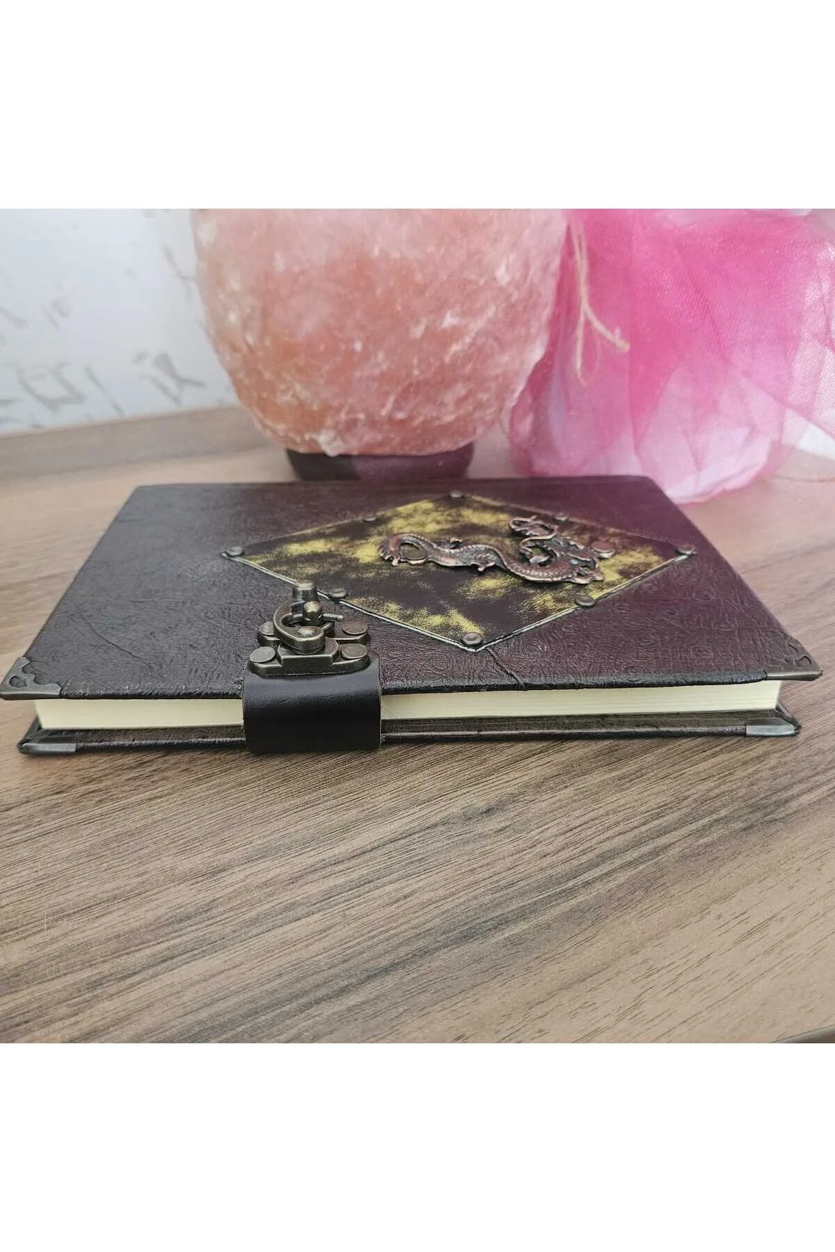 Ejderha Hakiki Deri Italyan Baskili Özel Desen El Yapımı Defter Açık Kahverengi