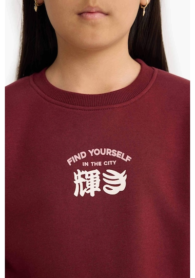 Defacto Relax Fit Bisiklet Yaka Baskılı İçi Yumuşak Tüylü Sweatshirt Kız Çocuk E6779A825WN Bordo