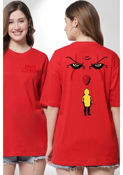 Pennywise Vs Georgie Korku Filmi Kırmızı Oversize Unisex Ön Ve Sırt Baskılı Tişört Kırmızı