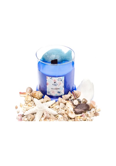 Büyük Üfleme Cam Balık Dekorlu Saks Mavisi Ocean Breeze Kokulu Vegan Mum 380 Gr