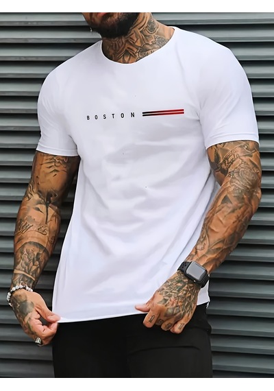 Unisex Boston Tasarım Basklı Tshirt Beyaz