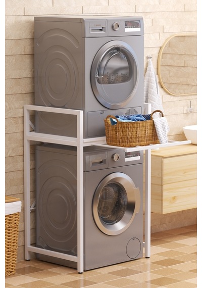 Çamaşır Sepeti Çekmeceli Çamaşır Makinası Ve Kurutma Makinası Rafı Makina Üstü Banyo Düzenleyici Raf Bej
