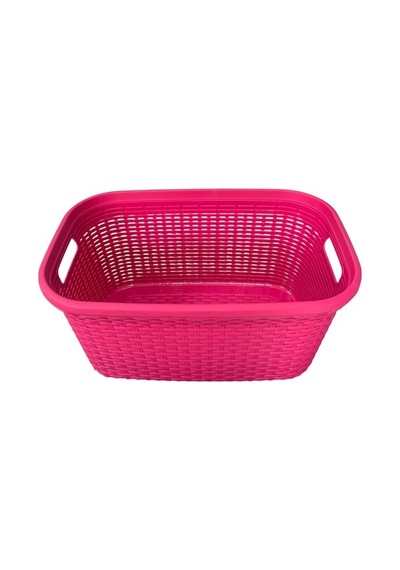 2'li Set Hasır Desenli Plastik Fusya Çamaşır Sepeti & Fusya Çamaşır Selesi Fuşya