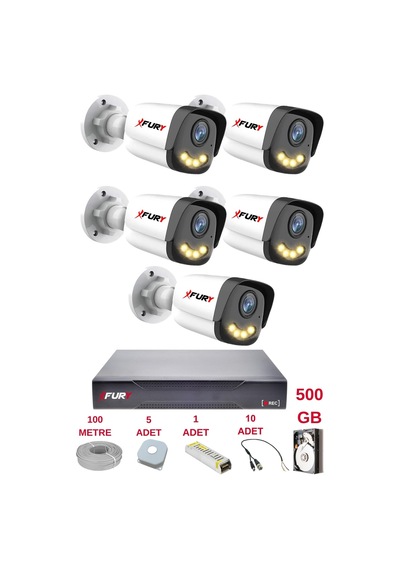 Fury 5 Kameralı 4 Warm Led Gece Renkli Görüş-cepten İzle-su Geçirmez Güvenlik Kamerası Seti 500gb