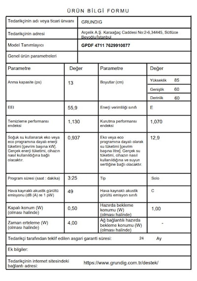 Grundig GPDF 4711 4 Programlı 13 Kişilik Bulaşık Makinesi