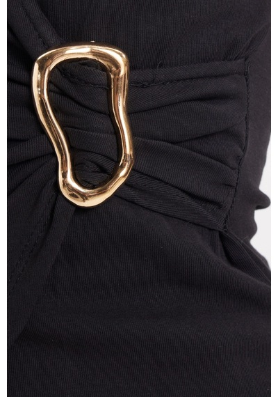 Tudors Kadın Slim Fit Dar Kesim Sıfır Kol Kruvaze Yaka Tokalı Pamuklu Likralı Siyah Bluz-50949