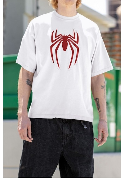 Oversize Film Kahramanı Spider-man Logo Baskılı Unisex Oversize T Beyaz