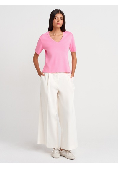 Dilvin 31840 V Yaka Kısa Kollu T-shirt-pembe Pembe