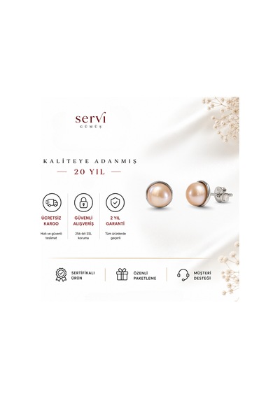 Servi 925 Ayar Gümüş Çerçeveli Şampanya İnci Küpe-506