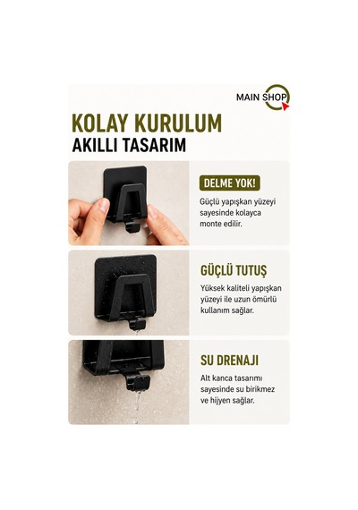 Mainshop 1 Adet Yapışkanlı Paslanmaz Kancalı Tutucu Bulaşık Süngeri Tutacağı Çok Amaçlı Askı M-sng2 Siyah