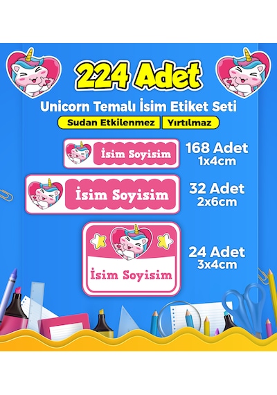 Unicorn Temalı Okul Kreş Kişiye Özel İsim Etiket Seti - Model 47 Çok Renkli