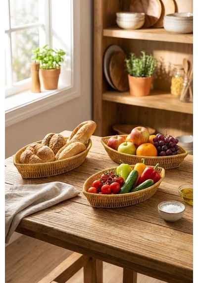 Kayık Formlu Plastik Rattan Sepet Seti, Hasır Görünümlü, Ekmek Meyve Sunum Sepetleri, 3 Parça, Çok Amaçlı Organizer, 27x15x5 Cm, 30x18x5 Cm, 33x20x5 Cm