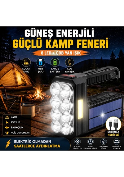 Güneş Enerjili Kamp Lambası 8'li Ultra Güçlü Led Yan Işık Usb Solar Kamp Balıkçılık Acil Durum Fener Siyah