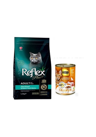 Reflex Plus Kısırlaştırılmış Somonlu Yetişkin Kedi Maması 1500 G + Konserve Mama