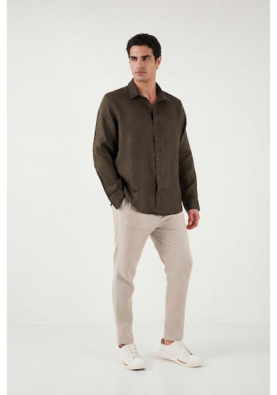 Buratti Pamuklu Regular Fit Klasik Yaka Uzun Kollu % 100 Keten Gömlek Erkek GÖMLEK CF26S1210000 Kahve