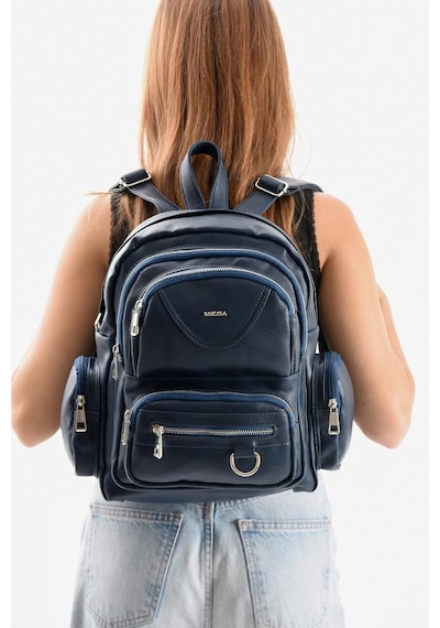 Baginn Suni Deri Kadın Sırt Çantası 38 28 Cm Mega Bag Günlük Kullanıma Uygun Çok Cepli İçi Astarlı Lacivert