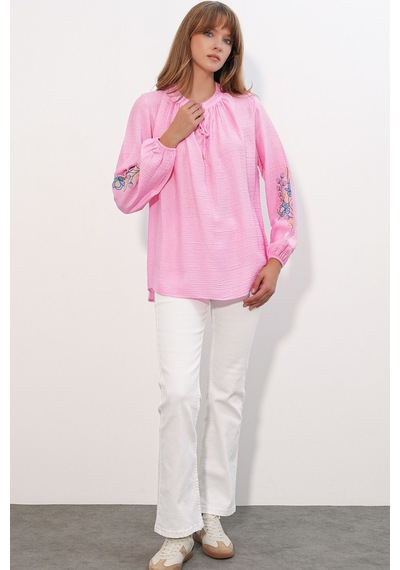 Hiccup Bdart Nakışlı Oversize Krep Bluz Parlak Pembe