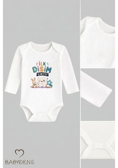 Babyden's Diş Buğdayı Body %100 Pamuk İlk Dişim Çıktı Baskılı Uzun Kollu Bebek Body Çıtçıtlı Unisex Yenidoğan Zıbın Beyaz