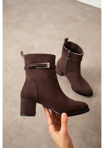 Dabab Shoes Lunara Kadın Kahve Süet Tokalı Topuklu Kısa Konç Bot Bootie Kahverengi