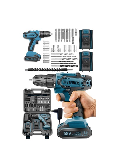 Steiner Kupfer Darbeli 58 V 5 Ah Çift Akülü Vidalama Matkap Mavi + 24 Parça Set
