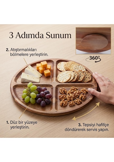 4 Bölmeli 360 Dönerli Akasya Ahşap Sunum Tabağı, 30 Cm Çap, 2,2 Cm Kalınlık, Yuvarlak Servis Tepsisi, Peynir, Kuruyemiş Ve Atıştırmalık İçin, 1 Adet