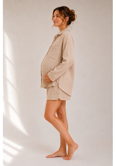 Luvmabelly Myra9675 Mom & After Doğal Muslin Pijama Takımı - Bej