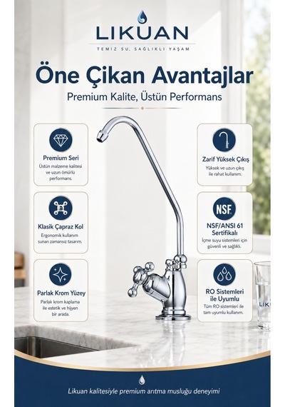 Ncpv633cp Nsf Ansı 61 Sertifikalı Krom Ro Su Arıtma Musluğu Çapraz Kollu Premium Musluk Gümüş