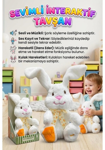 Sevimli Tavşan Sesli Müzikli Dans Eden Ses Kayıtı Yapıp Taklit Eden Hareketli Kulaklı Oyuncak Peluş Beyaz