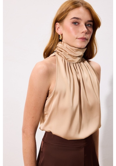 Sateen Boğazlı Kolsuz Bluz - Camel-136544 CAMEL