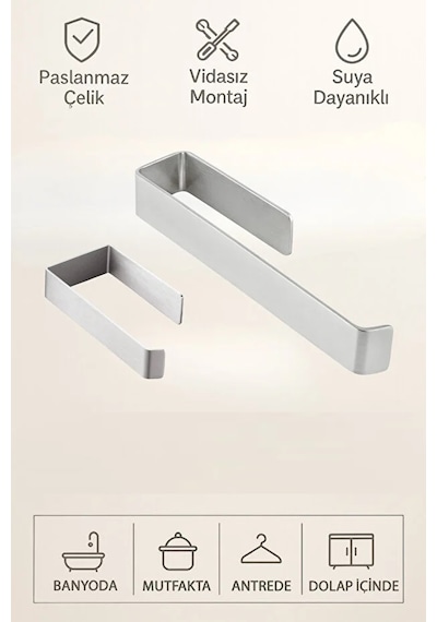 Paslanmaz Çelik Yapışkanlı Havlu & Tuvalet Kağıdı Askılığı Seti Delmeden Montaj Neme Dayanıklı Metal