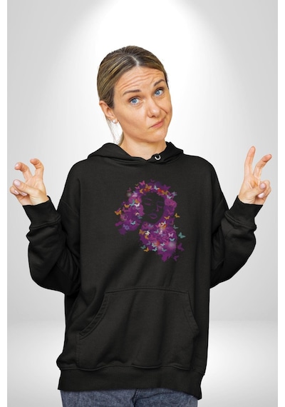 Kelebekler Kanser Günü Ve Kadınlar Günü Kadın Erkek Siyah Kapüşonlu Sweatshirt Hoodie Siyah