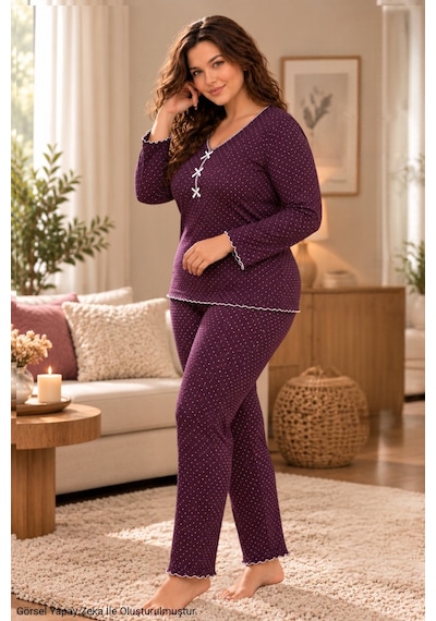 Seboteks Mevsimlik İnce Kumaş Puantiyeli Uzun Kollu Büyük Beden Kadın Pijama Takımı 3157 Mor Seboteks Mevsimlik İnce Kumaş Puantiyeli Uzun Kollu Büyük Beden Kadın Pijama Takımı 3157 Mor