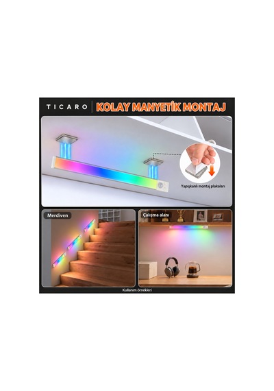 Tıcaro 40 Cm Rgb Sensörlü Şarjlı Led Dolap Işığı, 94 Led, 3000 Mah, 1 Adet Gümüş