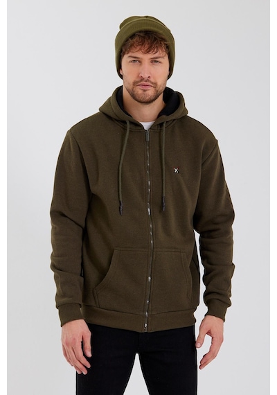 Polostate Erkek Fermuarlı Kanguru Cep 3 İplik Sweatshirt Haki