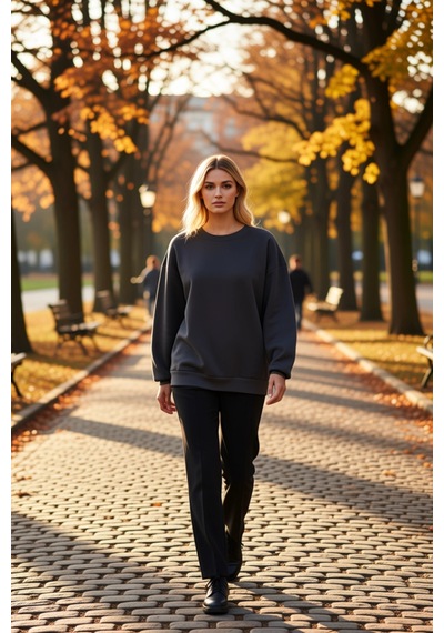 Benerly Kadın Bisiklet Yaka Düşük Kol Oversize Kalın Örme Sweatshirt Fonk Antrasit