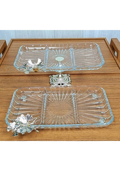 Elta Collection 2 Li Paşabahçe Kristal Metal Ayaklı Gümüş Dikdörtgen Bölmeli Pasta Sunumluk Kurabiyelik Gümüş Kare Bölmeli