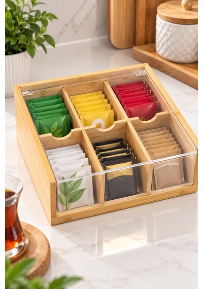 Bambu Ahşap Çay Kutusu 6 Bölmeli Şeffaf Kapaklı Çay Ve Bitki Çayı Düzenleyici 21x20x10 Cm Sarı