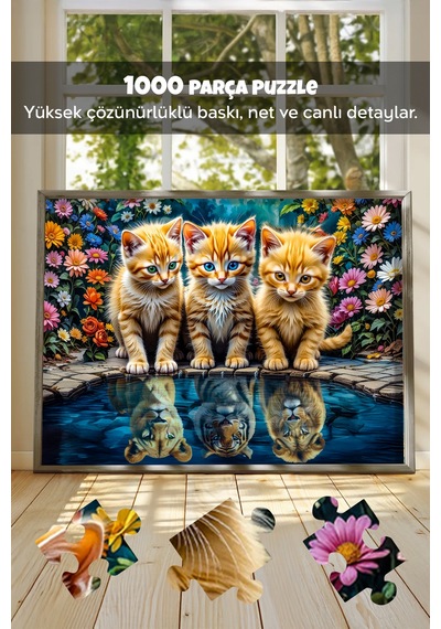 3 Adet 1000 Parça Puzzle - Kamp Ateşi, Aslan Kral Kedi Ve Vahşi Batı Kasabası Yapboz 68x48 Cm