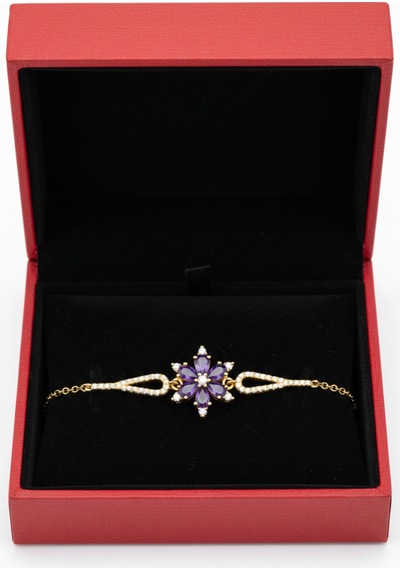 Çekirdekjewelry 925 Ayar Gümüş Mor Zirkon Taşlı Çiçek Figürlü Zarif Altın Renk Kadın Bileklik Sarı