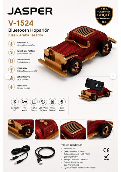 Jasper Jpr-1524 Dekoratif Bluetooth Hoparlör Telefon Standı Retro Klasik Araba Tasarım 3w 1200 Mah