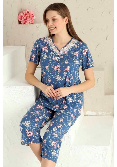 Alimer Kadın İndigo Dantelli V Yaka Bermuda Pijama Takım Edy2708i İndigo