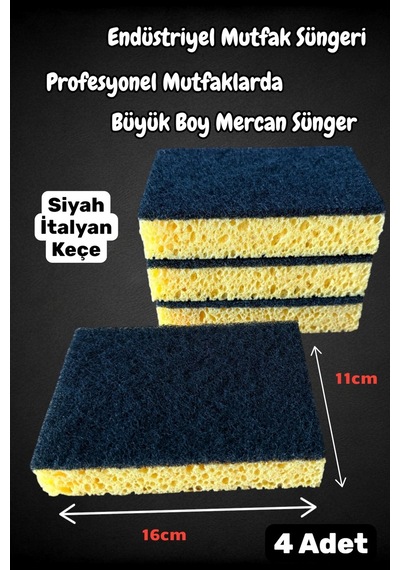 Technow Lüx İtalyan Keçeli Kaliteli Endüstriyel Catering/restaurant Büyük Boy Mercan Bulaşık Süngeri 4 Adet