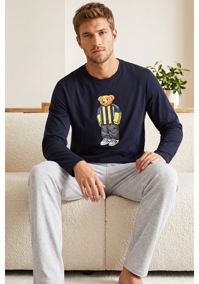 Siyah İnci Baskılı Pamuklu Örme Uzun Kollu Pijama Takım 8076 Lacivert