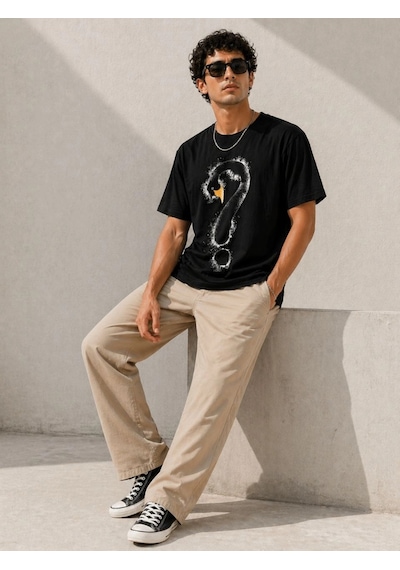 Barlashive Erkek Kuğu Figürlü Soru İşareti Baskılı Tişört Kısa Kol T-shirt - Siyah Çok Renkli